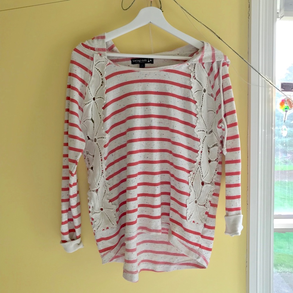 Hooded Sweater with Lace Details, Salmon Stripes